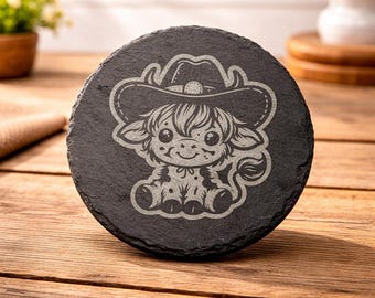 Highland Cow Cowboy Slate Coasters – Engraved Rustic Farmhouse Drinkware Set