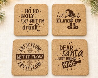 Funny Holiday Alcohol Cork Coasters Laser Engraved Set of 4