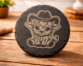 Highland Cowgirl Slate Coasters – Set of 4 Engraved Rustic Farmhouse Drink Coasters