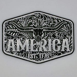 America 1776 Cow Skull Leatherette Heat Press Patch