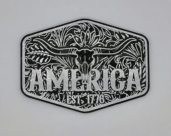 America 1776 Cow Skull Leatherette Heat Press Patch
