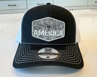 Texas Longhorn Cow America Hat – Custom Richardson 112 Trucker Hat with Engraved Leatherette Patch
