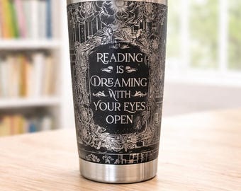 Gobelet pour amoureux des livres - tasse de lecture en acier inoxydable gravée, motif citation florale
