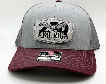 USA America 250 Anniversary Hat – Custom Richardson 112 Trucker Hat with Engraved Leatherette Patch