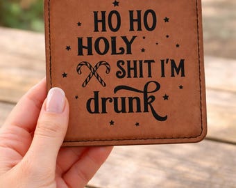 Funny Christmas Leather Coaster Set – Holiday Drink Coasters with Wine Sayings