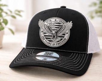 USA 250th Anniversary Hat – Custom Richardson 112 Trucker Hat with Engraved Circle Leatherette Patch