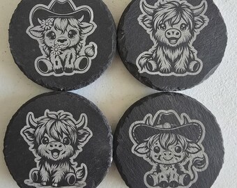 Engraved Highland Cow Slate Coasters - Farmhouse Drink Coaster Set