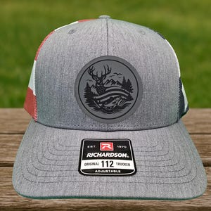 Custom Leather Hat Patch – Engraved Deer, Fish & Flag Design | Outdoorsman Gift | Richardson 112 Trucker Hat