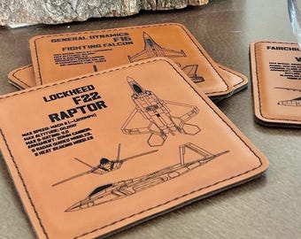 Aviation Military Aircraft Coasters Set of 4 - Laser Engraved Leatherette