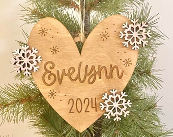 Christmas Ornament Laser File, Heart with Snowflakes Name Ornament SVG File, Laser Ready Cut File