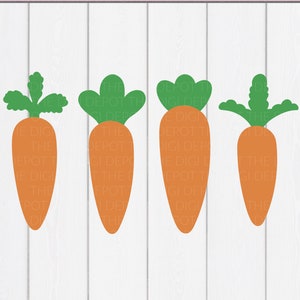 May include: Four orange carrot illustrations with green tops are displayed against a white wood-grain background. The text "The Digi Depot" is at the top left, and "Files Included SVG | DXF | EPS | PNG" is at the top right.