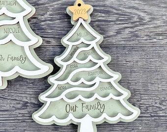 Our Family Christmas Tree Ornament SVG Laser Cut Files, up to 11 Members Large Family, Grandkids Names Engraved Ornament File