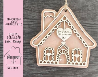 Glowforge File, Gingerbread House Ornament SVG, Family Ornament, House Shaped Ornament File, Laser File