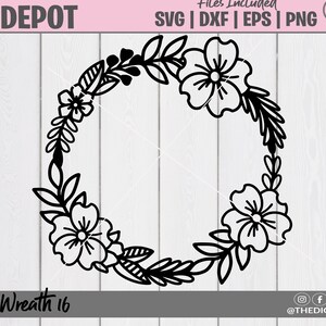 May include: A black digital graphic of a circular floral wreath featuring stylized flowers and leaves. The design includes the text The Digi Depot, Files Included SVG | DXF | EPS | PNG, and Floral Wreath 16, with social media icons at the bottom.