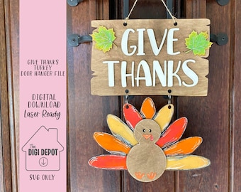 Colgador de puerta con pavo de agradecimiento SVG, archivo Glowforge, listo para láser, archivo de corte de otoño, SVG de Acción de Gracias