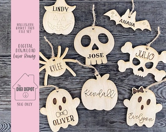 Archivo SVG de etiquetas de Halloween, archivo Glowforge, compatible con láser, etiquetas para cestas de Halloween, archivo de corte, paquete SVG de Halloween, archivo de etiquetas para cestas de Halloween