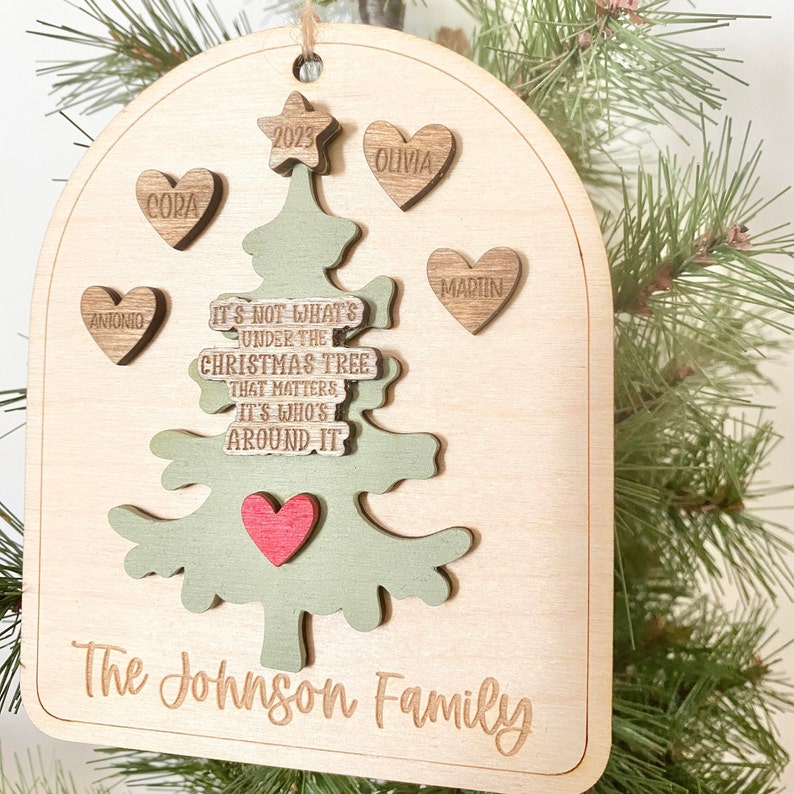 Peut inclure: Une d&eacute;coration de No&euml;l en bois en forme d'arbre avec le texte "Ce n'est pas ce qui se trouve sous le sapin de No&euml;l qui compte, c'est qui est autour."  La d&eacute;coration porte &eacute;galement le texte "The Johnson Family" et l'ann&eacute;e "2023".  Il y a cinq c&oelig;urs avec des noms dessus : Antonio, Cora, Olivia, Martin et un c&oelig;ur rouge.