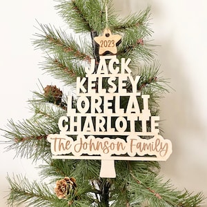 Name Ornament Tree Shape SVG Laser Ready Cut File, Glowforge and Lightburn Tested 3-8 Family Members