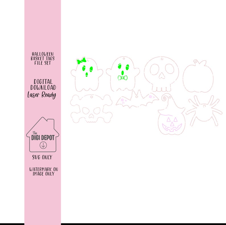 May include: A set of nine Halloween-themed SVG files for laser cutting. The designs include a ghost, a skull and crossbones, a bat, a pumpkin, a spider, and two ghosts with bows. The text "The Digi Depot" and "SVG Only" is also included in the image.