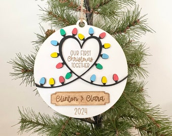Christmas Ornament SVG, Our First Christmas Together, Laser Ready Cut File, Couples Ornament, Christmas Lights in Heart Shape.