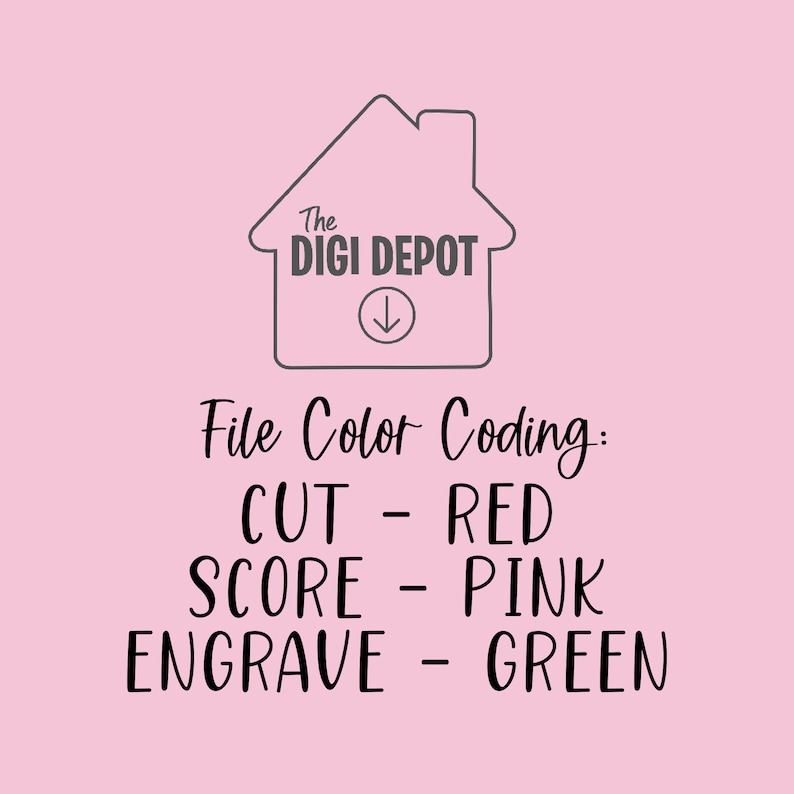 Peut inclure: Un graphique avec une ic&ocirc;ne de maison et le texte "The Digi Depot" avec une fl&egrave;che vers le bas. Le texte "File Color Coding" est sous l'ic&ocirc;ne. Le texte "CUT - RED", "SCORE - PINK", et "ENGRAVE - GREEN" sont list&eacute;s sous le texte "File Color Coding".