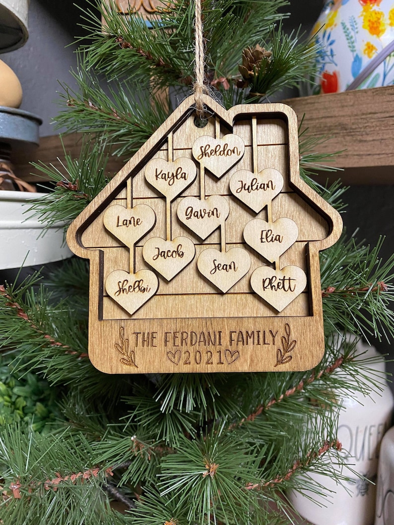 Glowforge Ornament File, House ornament SVG, Family Ornament, House Shaped Ornament File, Laser File, 1 10 Family Members, Personalized image 2