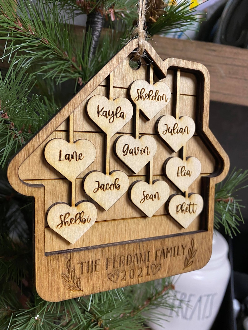 Glowforge Ornament File, House ornament SVG, Family Ornament, House Shaped Ornament File, Laser File, 1 10 Family Members, Personalized image 4