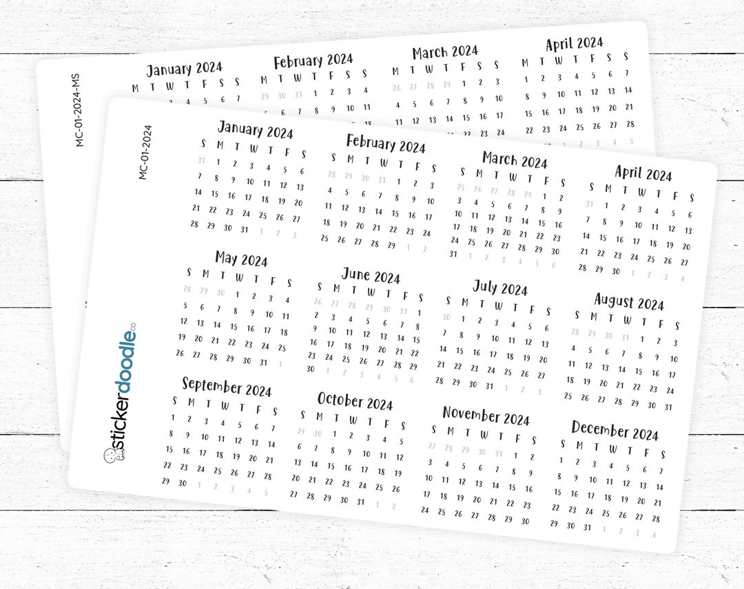 2024 Mini Calendar Stickers, Bullet Journal, Notebook, Sunday or Monday