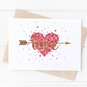 Valentine's Day Card, LOVE Arrow Rose Gold or Silver Foil, Love Hearts Themed Card, Anniversary Greeting Card, Happy Valentine's Day