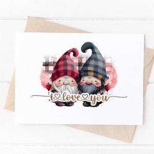 Gnomes, I love you card, Perfect for Valentine's Day, Rose Gold or Silver Foil, Anniversary Greeting Card, Cute water-colour card