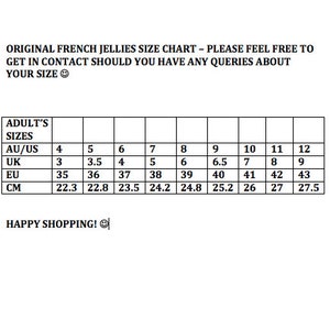 May include: A size chart for adult shoes in US, UK, EU, and CM sizes. The chart shows sizes 4 through 12.