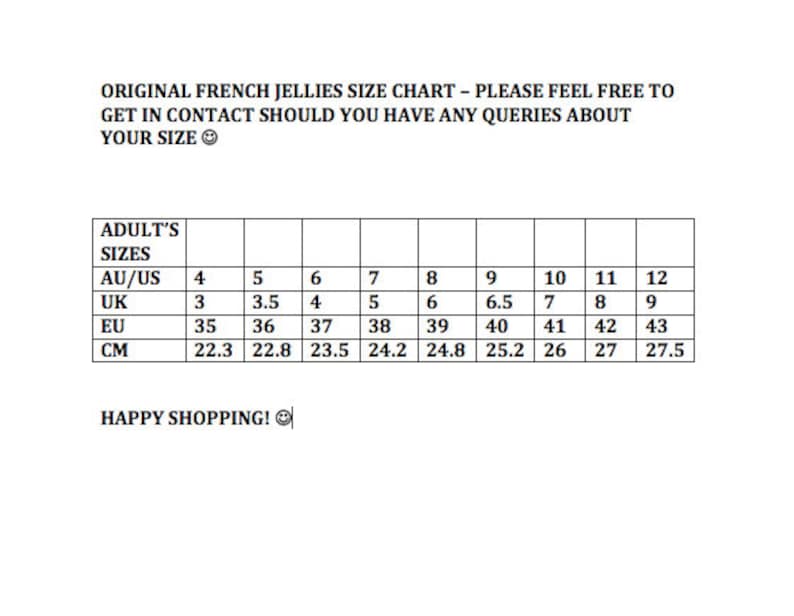 May include: A size chart for adult shoes in US, UK, EU, and CM sizes. The chart shows sizes 4 through 12.