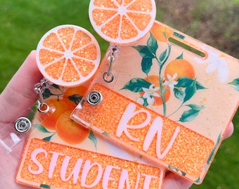 Orange Badge Buddy Orange Badge Reel Orange Blossom Summer Badge Set Healthcare Nurse Teacher ID Holder Holder for Work ID Citrus