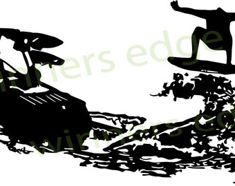 May include: Black and white silhouette of a person wakeboarding behind a boat. The wakeboarder is in mid-air, with their arms outstretched. The boat is in the background, with a wake behind it.