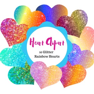Colorful Heart Clipart, Glitter Rainbow Ombre Hearts Elements 10 PNG Files