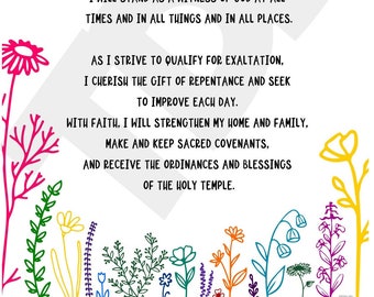 May include: A white background with a gray heart shape in the center. The heart shape contains text that reads "I am a beloved daughter of heavenly parents, with a divine nature and eternal destiny. As a disciple of Jesus Christ, I strive to become like him. I seek and act upon personal revelation and minister to others in his holy name. I will stand as a witness of God at all times and in all things and in all places. As I strive to qualify for exaltation, I cherish the gift of repentance and seek to improve each day. With faith, I will strengthen my home and family, make and keep sacred covenants, and receive the ordinances and blessings of the holy temple."