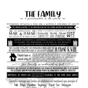 Puede incluir: Una impresión en blanco y negro con el título "THE FAMILY" y texto sobre el matrimonio, la familia y las responsabilidades parentales. La impresión incluye las palabras "Male & Female" y "Husband & Wife".