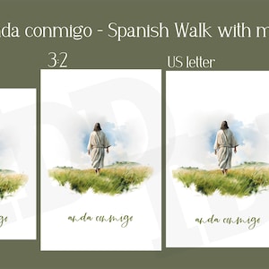 Könnte beinhalten: Eine Reihe von Drucken und ein Lesezeichen mit einer Aquarellillustration einer Person, die auf einem grasbewachsenen Hügel geht. Der Text "anda conmigo - Spanish Walk with me" ist über den Bildern zu sehen. Die Drucke sind in 5x4, 3x2 und US-Letter-Größe.
