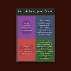 Może przedstawiać: Kolorowy plakat z tekstem "Lema de las Mujeres Jóvenes" u góry. Plakat jest podzielony na cztery sekcje, z których każda ma inny kolor i tekst. Tekst w każdej sekcji dotyczy wartości i celów młodych kobiet.
