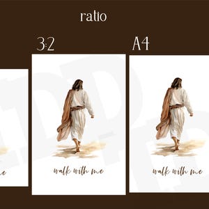 Può includere: Stampa ad acquerello raffigurante una figura in abiti bianchi e scialle marrone, che si allontana. La frase "walk with me" è scritta sotto. L'immagine è presentata nei formati 5:4, 3:2 e A4, più un segnalibro.
