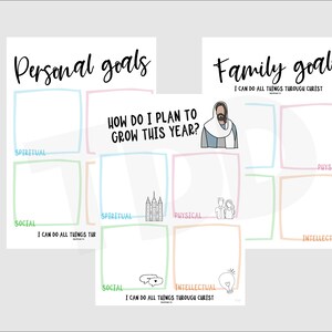 Peut inclure: Feuille de travail imprimable avec un schéma de couleurs bleu clair, rose, vert et orange. La feuille de travail est divisée en sections pour les objectifs personnels et familiaux. Chaque section a un titre et un espace pour écrire. La section des objectifs personnels comprend le texte "Comment planifier ma croissance cette année ?" La section des objectifs familiaux comprend le texte "Je peux tout faire par le Christ".