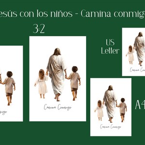 May include: Watercolor print featuring Jesus walking with two children, holding their hands. The image is available in various sizes, including 5:4, 3:2, US Letter, and A4, as well as a bookmark. The text "Jesús con los niños - Camina conmigo" is included.
