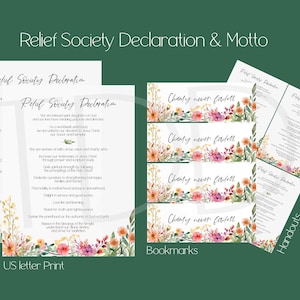 May include: A printable set of Relief Society documents featuring a floral design with the text "Charity never faileth". The set includes a declaration, motto, bookmarks, and handouts.
