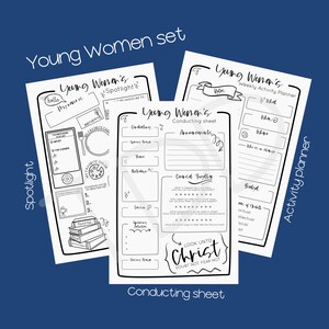 May include: Black and white printable planner pages for young women. The pages include a weekly activity planner, a conducting sheet, and a spotlight page. The pages feature a variety of hand-drawn illustrations and text.