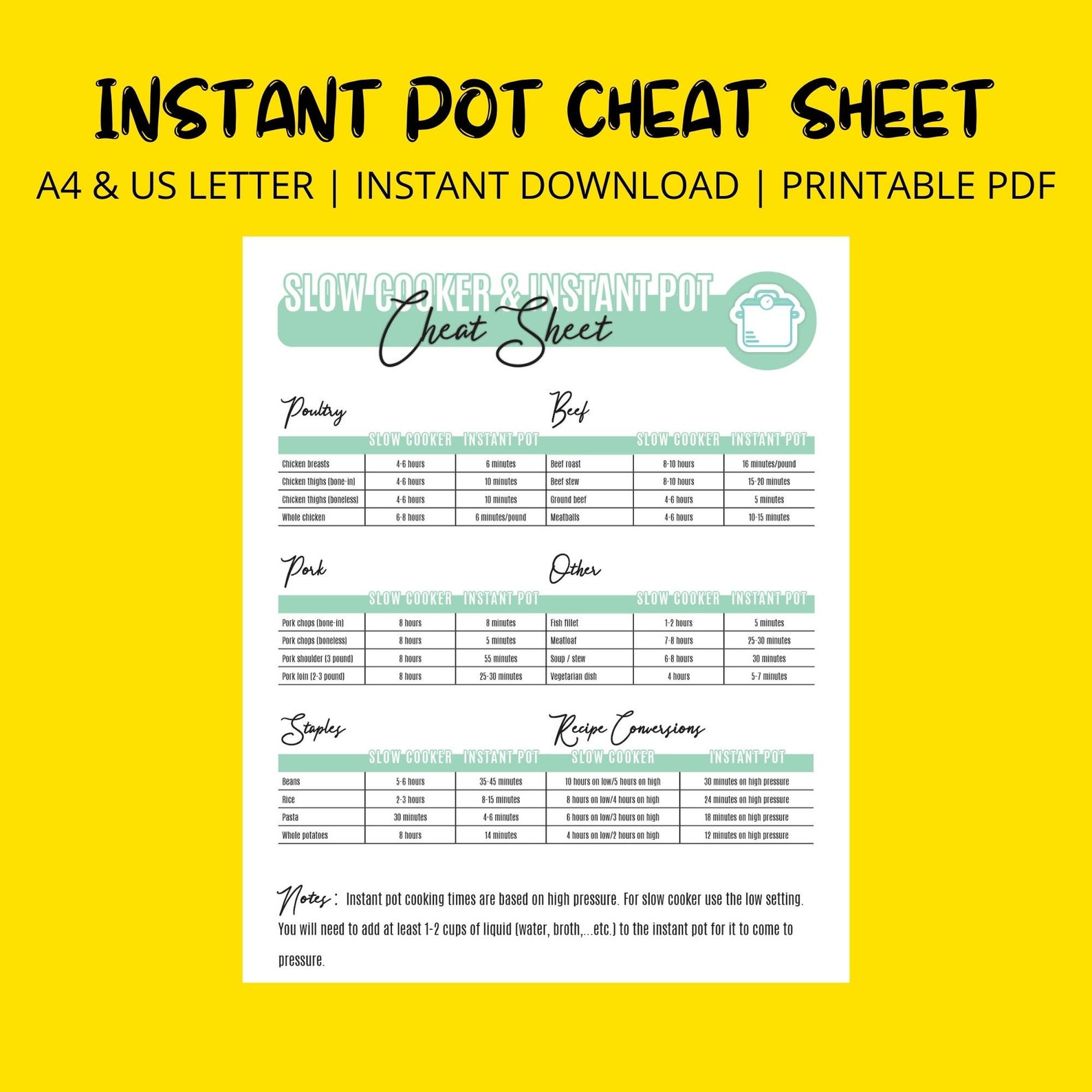 Instant Pot Slow Cooker Cheat Sheet Printable Instant Pot Etsy