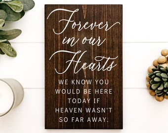 May include: A wooden sign with the text "Forever in our Hearts" and the message "We know you would be here today if heaven wasn't so far away."