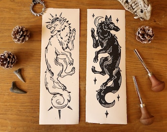 Linocut print - Original Sköll and Hati - Ivory paper