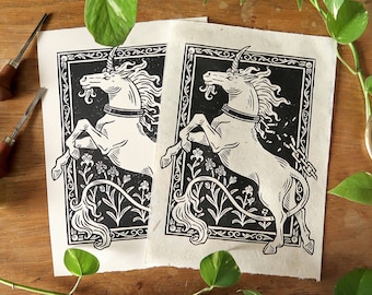 Linocut print - Original Unchained medieval unicorn