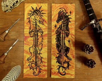Linocut print - Original Sun and moon Dragons - Marbled paper