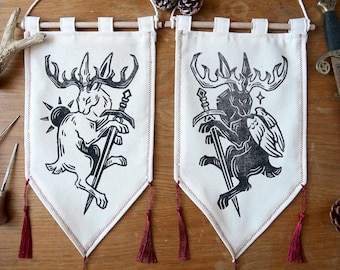 Original Medieval Jackalope and Wolpertinger  - Linocut Banner - Limited edition